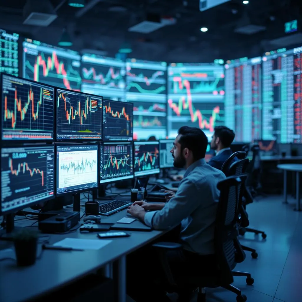 Sala de trading con múltiples monitores mostrando gráficos financieros